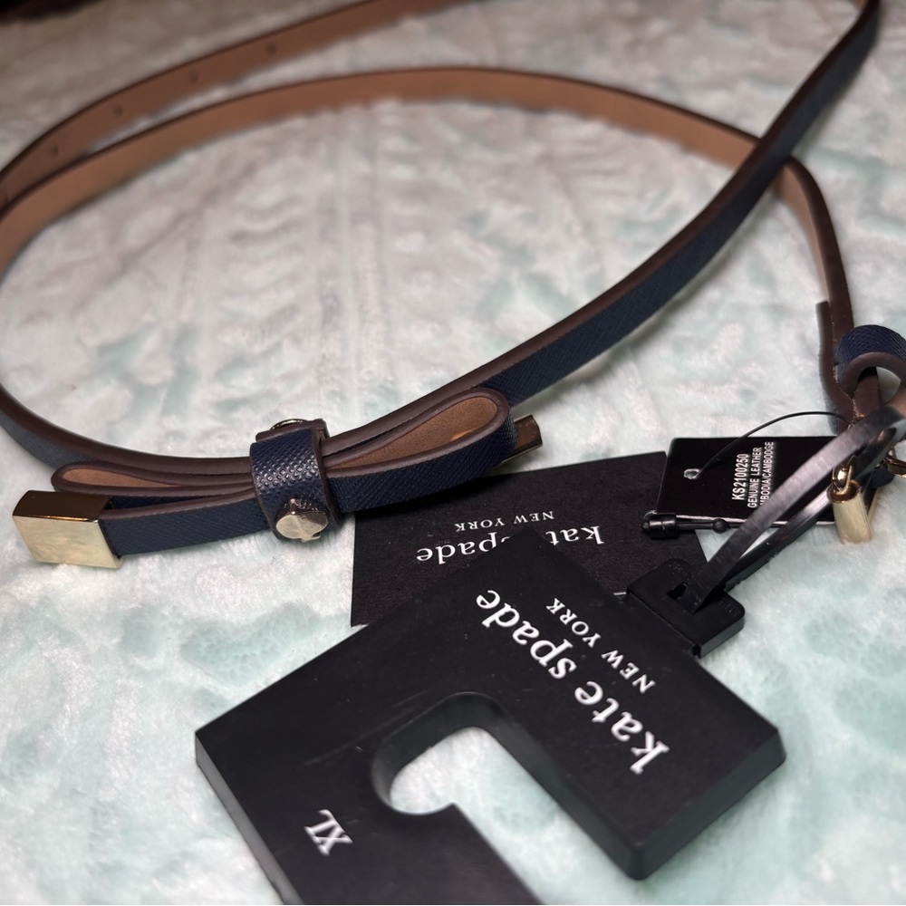 kate spade navy blue and tan leather bow belt